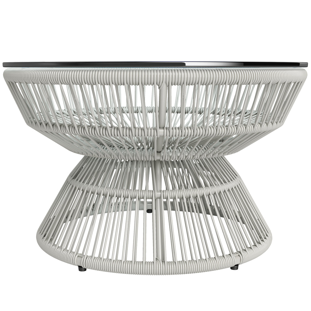 Table basse de jardin ronde, table d'appoint en résine aspect rotin et plateau verre trempé Ø60 x 37H cm gris clair