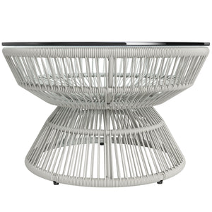 Table basse de jardin ronde, table d'appoint en résine aspect rotin et plateau verre trempé Ø60 x 37H cm gris clair