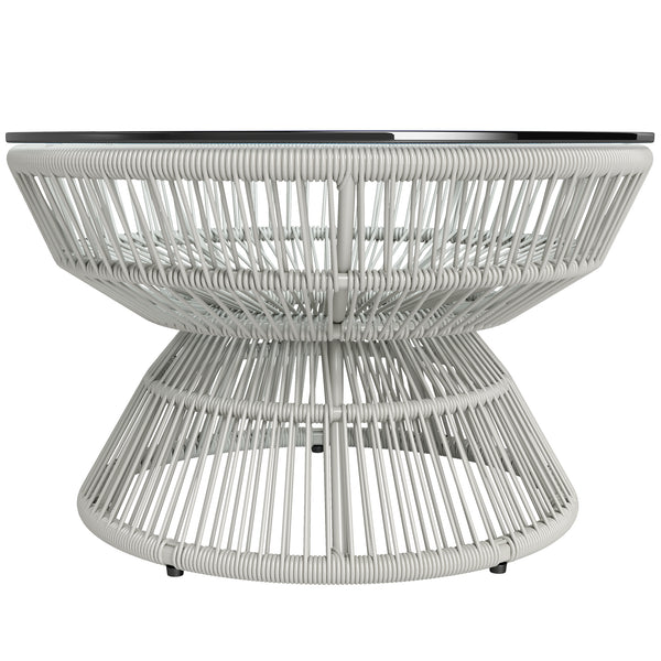 Table basse de jardin ronde, table d'appoint en résine aspect rotin et plateau verre trempé Ø60 x 37H cm gris clair