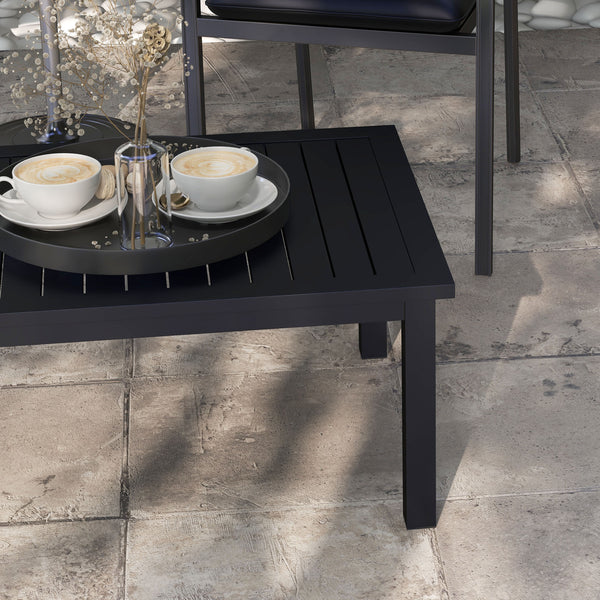 Table basse rectangulaire table de jardin plateau à lattes pour intérieur/extérieur en aluminium, dim. 100L x 60l x 37H cm, noir