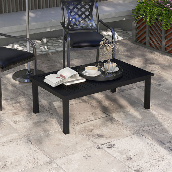 Table basse rectangulaire table de jardin plateau à lattes pour intérieur/extérieur en aluminium, dim. 100L x 60l x 37H cm, noir