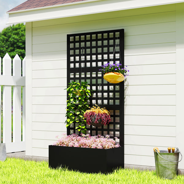 Jardinière avec treillis, brise-vue, lit surélevé de jardin, jardinière extérieure en acier galvanisée, pour plantes grimpantes, bac à fleurs pour balcon terrasse patio, 89x40x178cm, noir