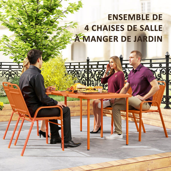 Lot de 4 chaises de jardin chaises empilables d'extérieur avec haut dossier et accoudoirs, cadre en acier pour jardin, piscine, terrasse, orange