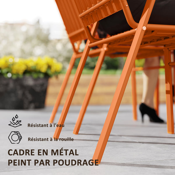 Lot de 4 chaises de jardin chaises empilables d'extérieur avec haut dossier et accoudoirs, cadre en acier pour jardin, piscine, terrasse, orange