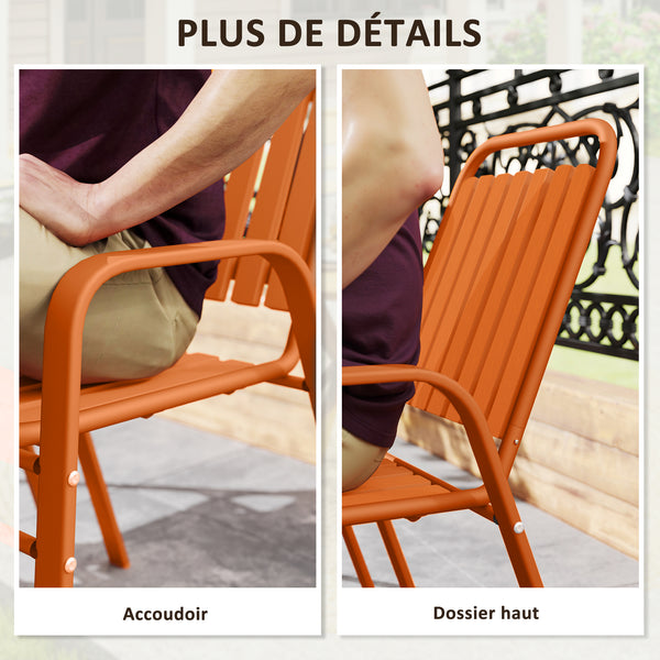 Lot de 4 chaises de jardin chaises empilables d'extérieur avec haut dossier et accoudoirs, cadre en acier pour jardin, piscine, terrasse, orange