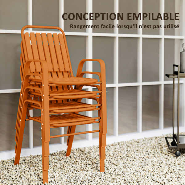 Lot de 4 chaises de jardin chaises empilables d'extérieur avec haut dossier et accoudoirs, cadre en acier pour jardin, piscine, terrasse, orange