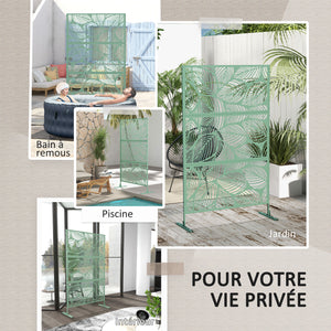 Panneau brise vue décoratif paravent extérieur vert à motif végétal en acier - 122 x 45 x 198 cm, vert