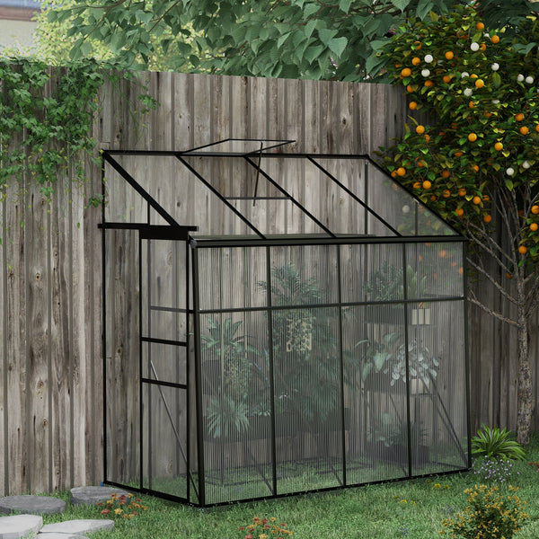Serre adossée, serre de jardin polycarbonate, avec porte coulissante, évent de toit à 5 niveaux, avec cadre et fondation en aluminium, noir