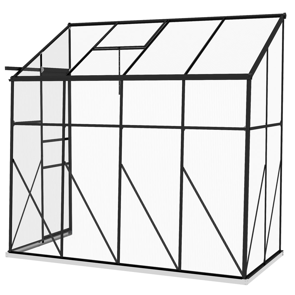 Serre adossée, serre de jardin polycarbonate, avec porte coulissante, évent de toit à 5 niveaux, avec cadre et fondation en aluminium, noir