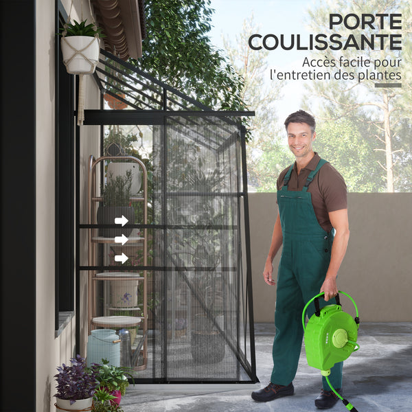 Serre adossée, serre de jardin polycarbonate, avec porte coulissante, évent de toit à 5 niveaux, avec cadre et fondation en aluminium, noir