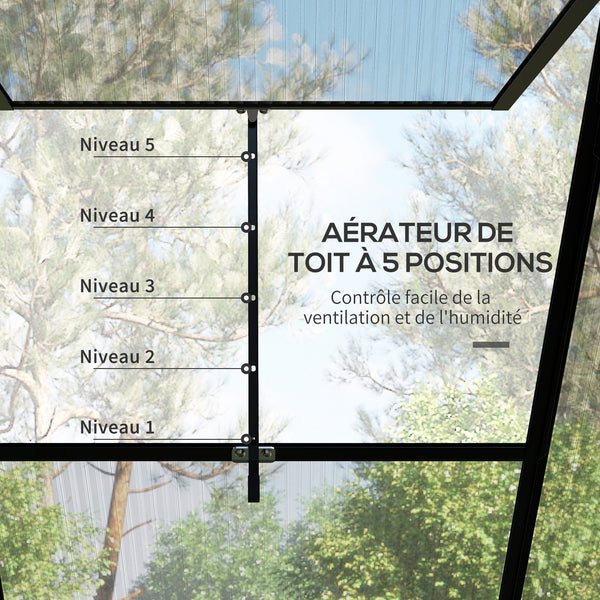Serre adossée, serre de jardin polycarbonate, avec porte coulissante, évent de toit à 5 niveaux, avec cadre et fondation en aluminium, noir