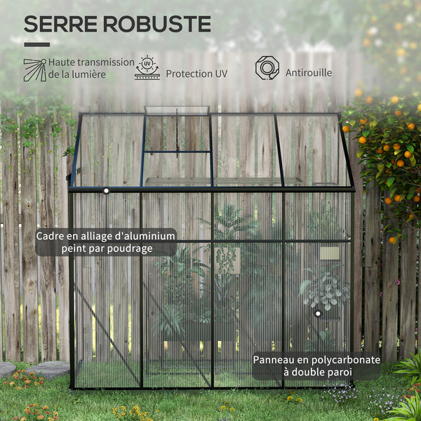 Serre adossée, serre de jardin polycarbonate, avec porte coulissante, évent de toit à 5 niveaux, avec cadre et fondation en aluminium, noir