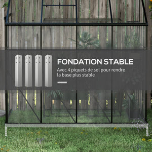 Serre adossée, serre de jardin polycarbonate, avec porte coulissante, évent de toit à 5 niveaux, avec cadre et fondation en aluminium, noir