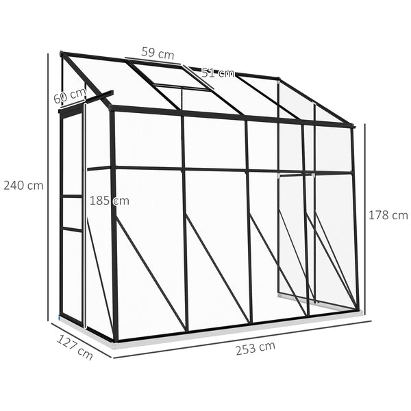 Serre adossée, serre de jardin polycarbonate, avec porte coulissante, évent de toit à 5 niveaux, avec cadre et fondation en aluminium, noir