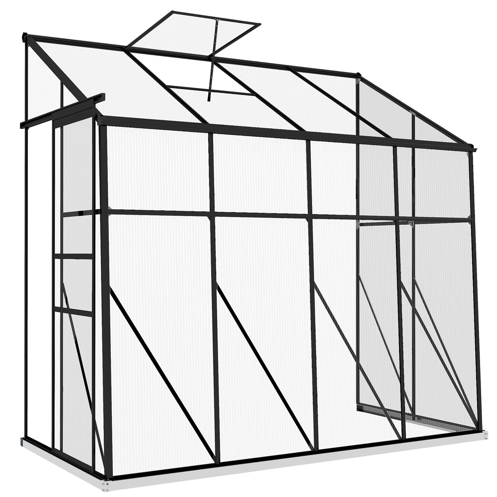 Serre adossée, serre de jardin polycarbonate, avec porte coulissante, évent de toit à 5 niveaux, avec cadre et fondation en aluminium, noir