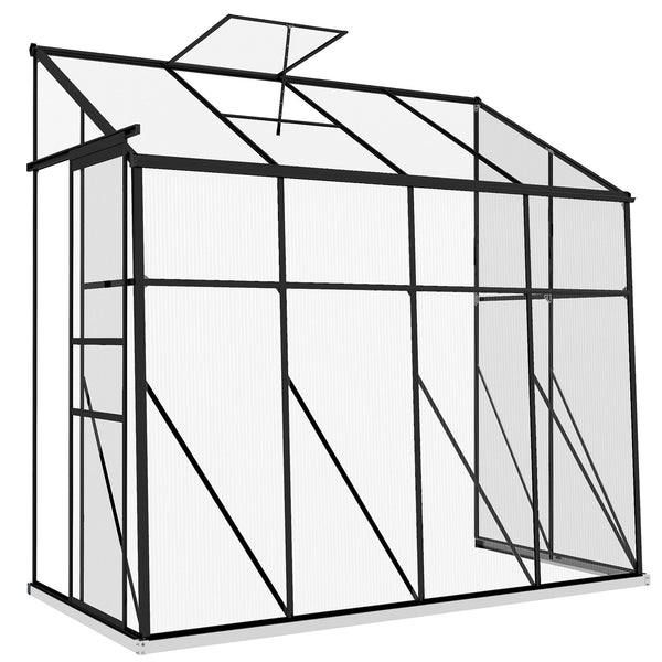 Serre adossée, serre de jardin polycarbonate, avec porte coulissante, évent de toit à 5 niveaux, avec cadre et fondation en aluminium, noir