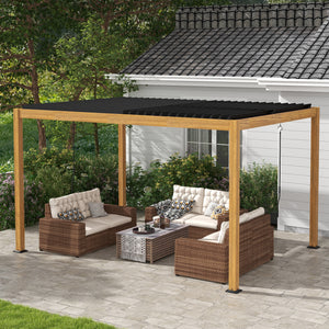 Pergola bioclimatique en aluminium 3 x 4 m pergola jardin extérieur avec lames orientables manivelle, style contemporain - noir et naturel effet grain de bois