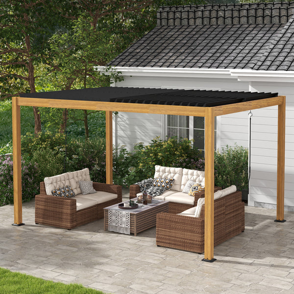 Pergola bioclimatique en aluminium 3 x 4 m pergola jardin extérieur avec lames orientables manivelle, style contemporain - noir et naturel effet grain de bois
