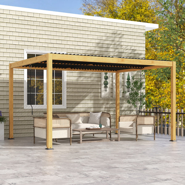 Pergola bioclimatique en aluminium 3 x 4 m pergola jardin extérieur avec lames orientables manivelle, style contemporain - noir et naturel effet grain de bois