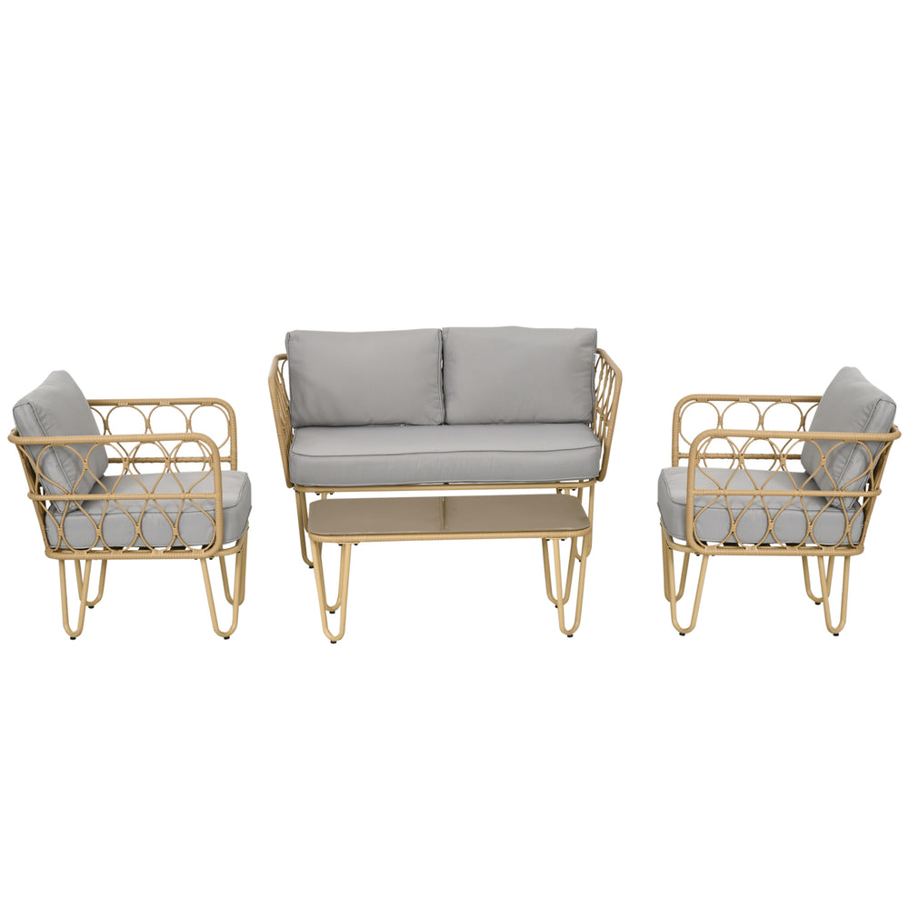 Ensemble salon de jardin 4 pièces canapé 2 places + 2 fauteuils + 1 table basse plateau verre trempé 7 coussins - métal et résine tressée - gris