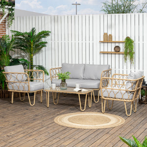 Ensemble salon de jardin 4 pièces canapé 2 places + 2 fauteuils + 1 table basse plateau verre trempé 7 coussins - métal et résine tressée - gris