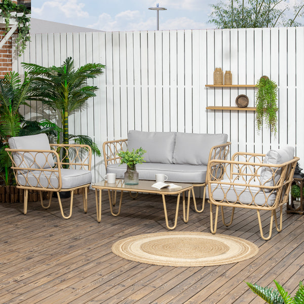 Ensemble salon de jardin 4 pièces canapé 2 places + 2 fauteuils + 1 table basse plateau verre trempé 7 coussins - métal et résine tressée - gris