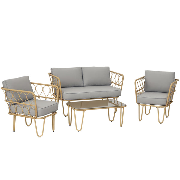 Ensemble salon de jardin 4 pièces canapé 2 places + 2 fauteuils + 1 table basse plateau verre trempé 7 coussins - métal et résine tressée - gris