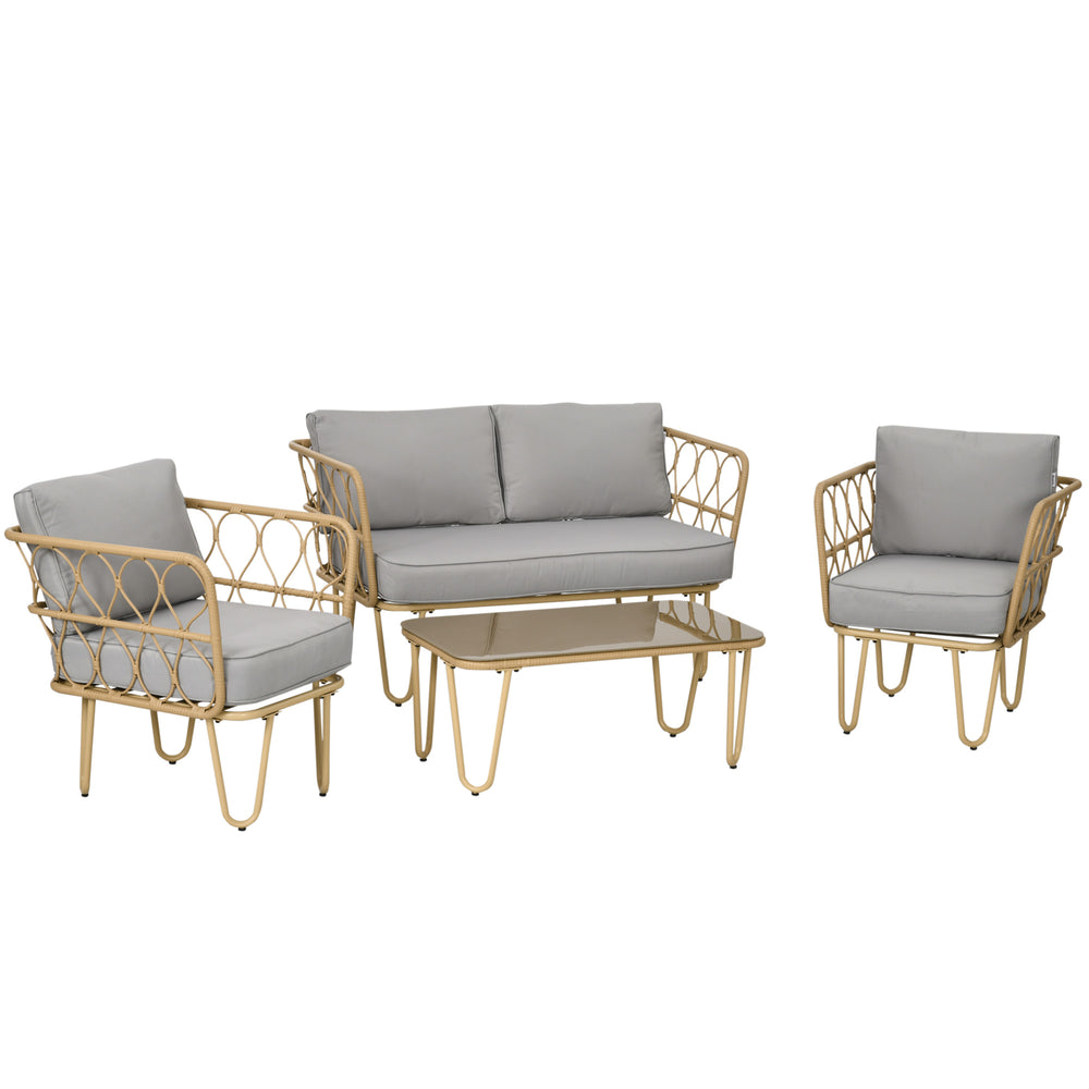 Ensemble salon de jardin 4 pièces canapé 2 places + 2 fauteuils + 1 table basse plateau verre trempé 7 coussins - métal et résine tressée - gris