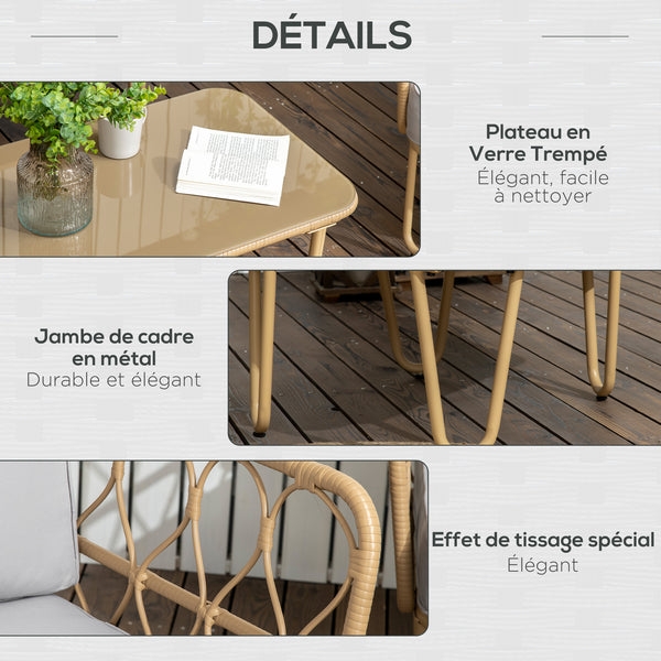 Ensemble salon de jardin 4 pièces canapé 2 places + 2 fauteuils + 1 table basse plateau verre trempé 7 coussins - métal et résine tressée - gris