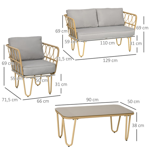 Ensemble salon de jardin 4 pièces canapé 2 places + 2 fauteuils + 1 table basse plateau verre trempé 7 coussins - métal et résine tressée - gris