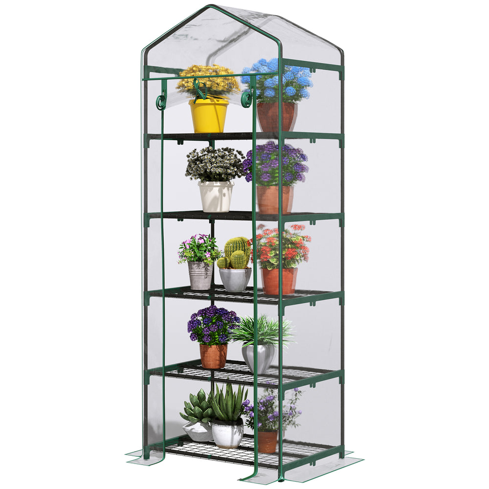 Serre de jardin PVC avec étagères 5 niveaux, serre de balcon, bâche renforcée 135 g/m², châssis en acier, porte zippée enroulable, pour légumes plantes fleurs, 69 x 49 x 193 cm, transparent