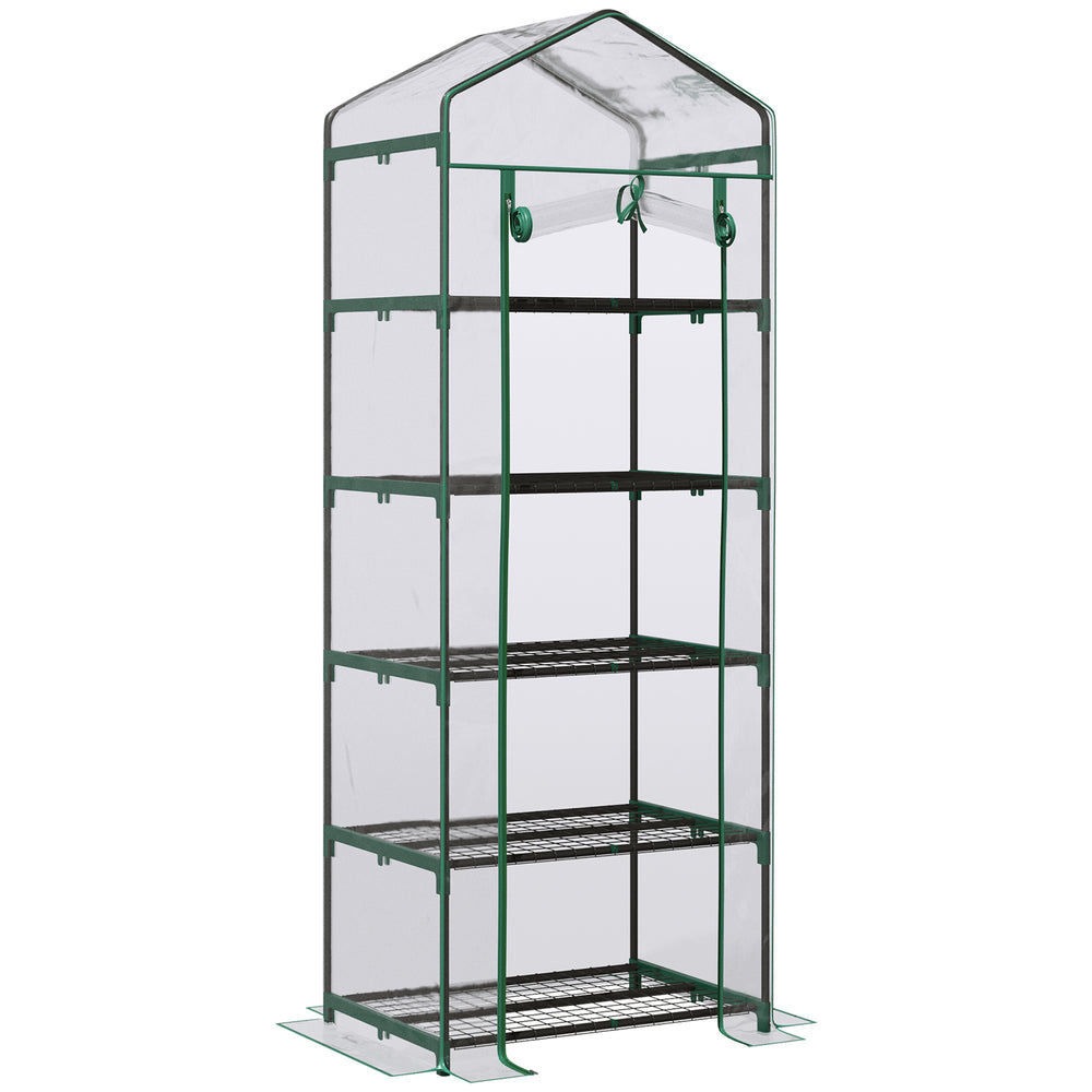 Serre de jardin PVC avec étagères 5 niveaux, serre de balcon, bâche renforcée 135 g/m², châssis en acier, porte zippée enroulable, pour légumes plantes fleurs, 69 x 49 x 193 cm, transparent