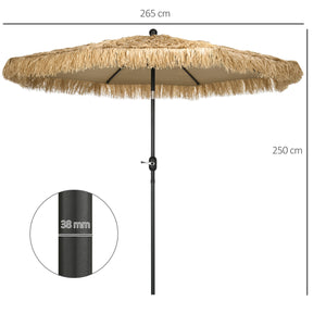 Parasol de jardin extérieur à franges 2,65 m parasol inclinable avec ouverture fermeture manivelle toile 180 g/m², 8 baleines, style Hawaïen pour balcon, piscine, terrasse, kaki