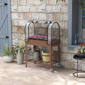 Jardinière surélevée potager avec bâche transparente, mini serre de jardin, 2 roulettes et 1 étagère inférieure pour légumes, fleurs, potager, dim. 80L x 40l x 120H cm, marron