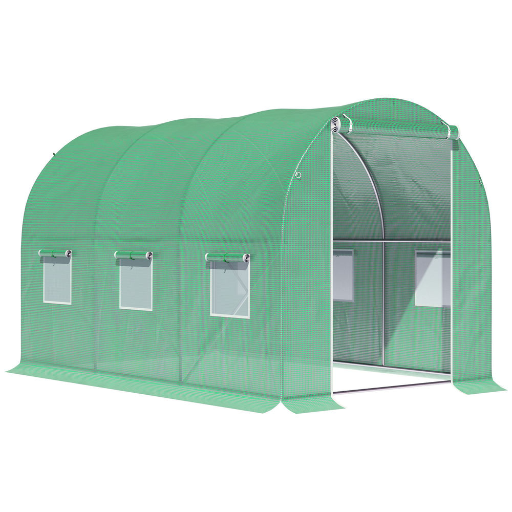 Serre de Jardin Tunnel Surface Sol 6 m² 3L x 2l x 2H m châssis Tubulaire renforcé Porte zippée 6 fenêtres enroulables Vert