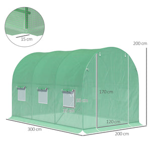 Serre de Jardin Tunnel Surface Sol 6 m² 3L x 2l x 2H m châssis Tubulaire renforcé Porte zippée 6 fenêtres enroulables Vert
