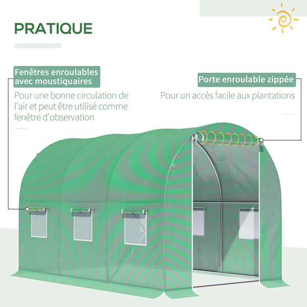 Serre de Jardin Tunnel Surface Sol 6 m² 3L x 2l x 2H m châssis Tubulaire renforcé Porte zippée 6 fenêtres enroulables Vert