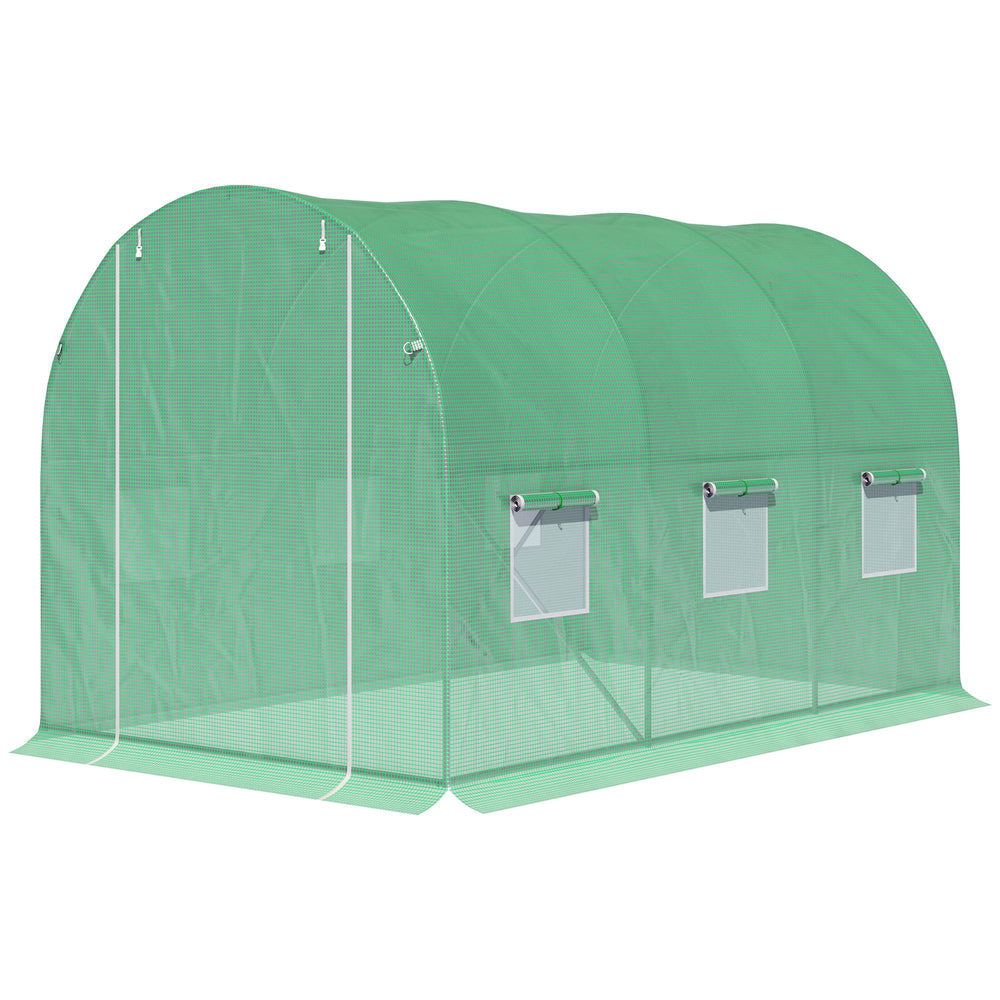 Serre de Jardin Tunnel Surface Sol 6 m² 3L x 2l x 2H m châssis Tubulaire renforcé Porte zippée 6 fenêtres enroulables Vert