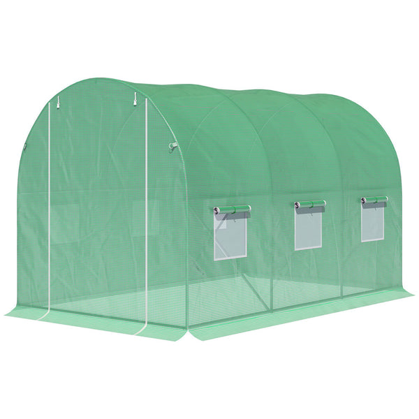 Serre de Jardin Tunnel Surface Sol 6 m² 3L x 2l x 2H m châssis Tubulaire renforcé Porte zippée 6 fenêtres enroulables Vert
