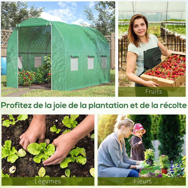 Serre de Jardin Tunnel Surface Sol 6 m² 3L x 2l x 2H m châssis Tubulaire renforcé Porte zippée 6 fenêtres enroulables Vert