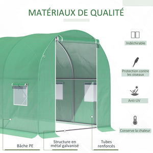 Serre de Jardin Tunnel Surface Sol 6 m² 3L x 2l x 2H m châssis Tubulaire renforcé Porte zippée 6 fenêtres enroulables Vert