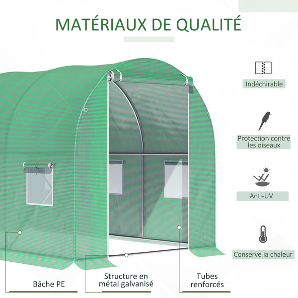 Serre de Jardin Tunnel Surface Sol 6 m² 3L x 2l x 2H m châssis Tubulaire renforcé Porte zippée 6 fenêtres enroulables Vert