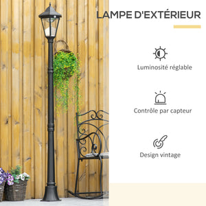 Luminaire solaire extérieur lampe de jardin lampadaire lanterne classique lampadaire sur pied LED en aluminium étanche, capteur activé par le mouvement PIR, luminosité réglable noir