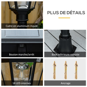 Luminaire solaire extérieur lampe de jardin lampadaire lanterne classique lampadaire sur pied LED en aluminium étanche, capteur activé par le mouvement PIR, luminosité réglable noir