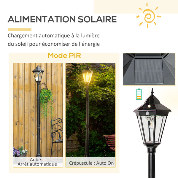 Luminaire solaire extérieur lampe de jardin lampadaire lanterne classique lampadaire sur pied LED en aluminium étanche, capteur activé par le mouvement PIR, luminosité réglable noir