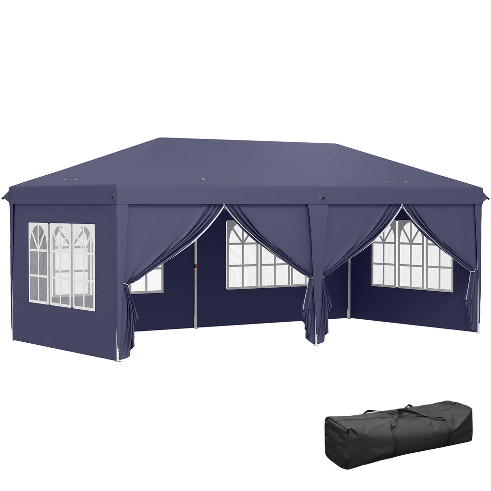Tonnelle de jardin pliante 6 x 3 m tonnelle de jardin extérieure barnum pliant pop-up imperméabilisé 4 parois latérales amovibles 4 fenêtres + sac de transport bleu