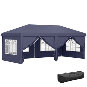 Tonnelle de jardin pliante 6 x 3 m tonnelle de jardin extérieure barnum pliant pop-up imperméabilisé 4 parois latérales amovibles 4 fenêtres + sac de transport bleu