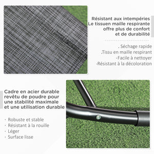 Chaise longue à bascule, transat de jardin ergonomique, bain de soleil, avec tétière, rocking chair, textilène, utilisation extérieure intérieure, gris chiné