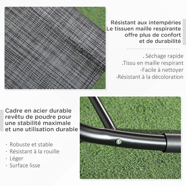 Chaise longue à bascule, transat de jardin ergonomique, bain de soleil, avec tétière, rocking chair, textilène, utilisation extérieure intérieure, gris chiné