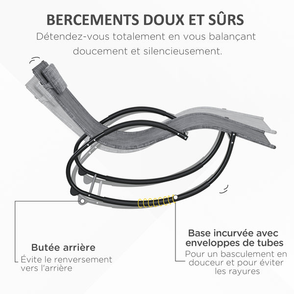 Chaise longue à bascule, transat de jardin ergonomique, bain de soleil, avec tétière, rocking chair, textilène, utilisation extérieure intérieure, gris chiné